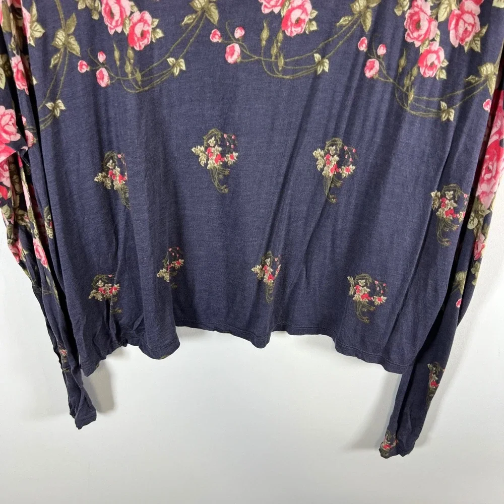 Free People Rose Floral Print Long Sleeve Top Charcoal Gray Pink‎ Medium boho
